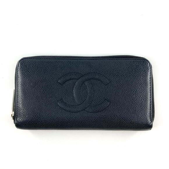 CHANEL Authentic Black Caviar Leather Logo Wallet